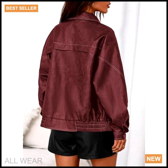 Faux Leather Bomber Jacket Oversized Moto Biker Zip Up Retro Chic - Picture 4 of 7